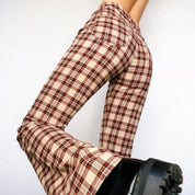 Vintage Beige & Red Plaid Flare Pants