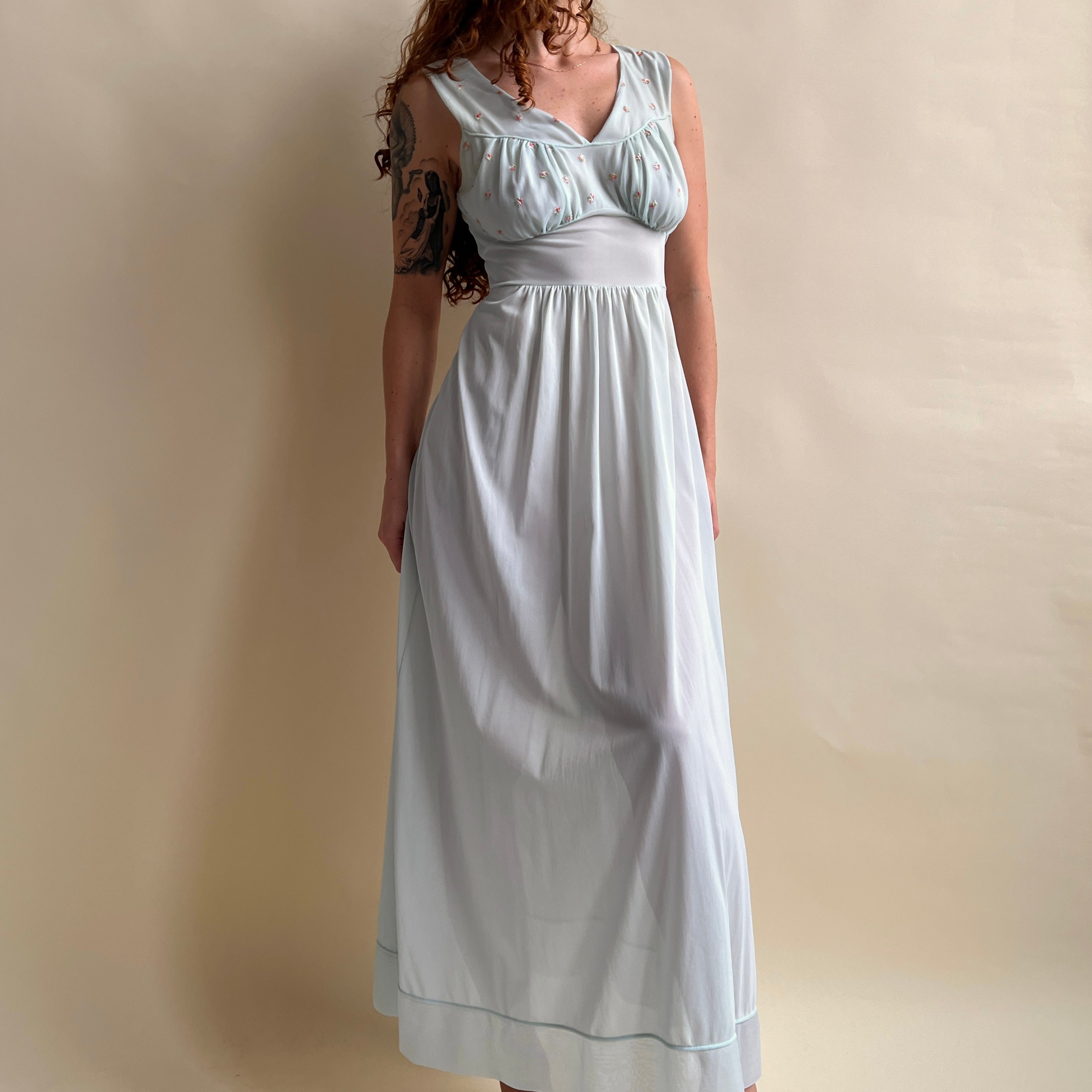 Vintage 50s baby blue sheer maxi slip (M)