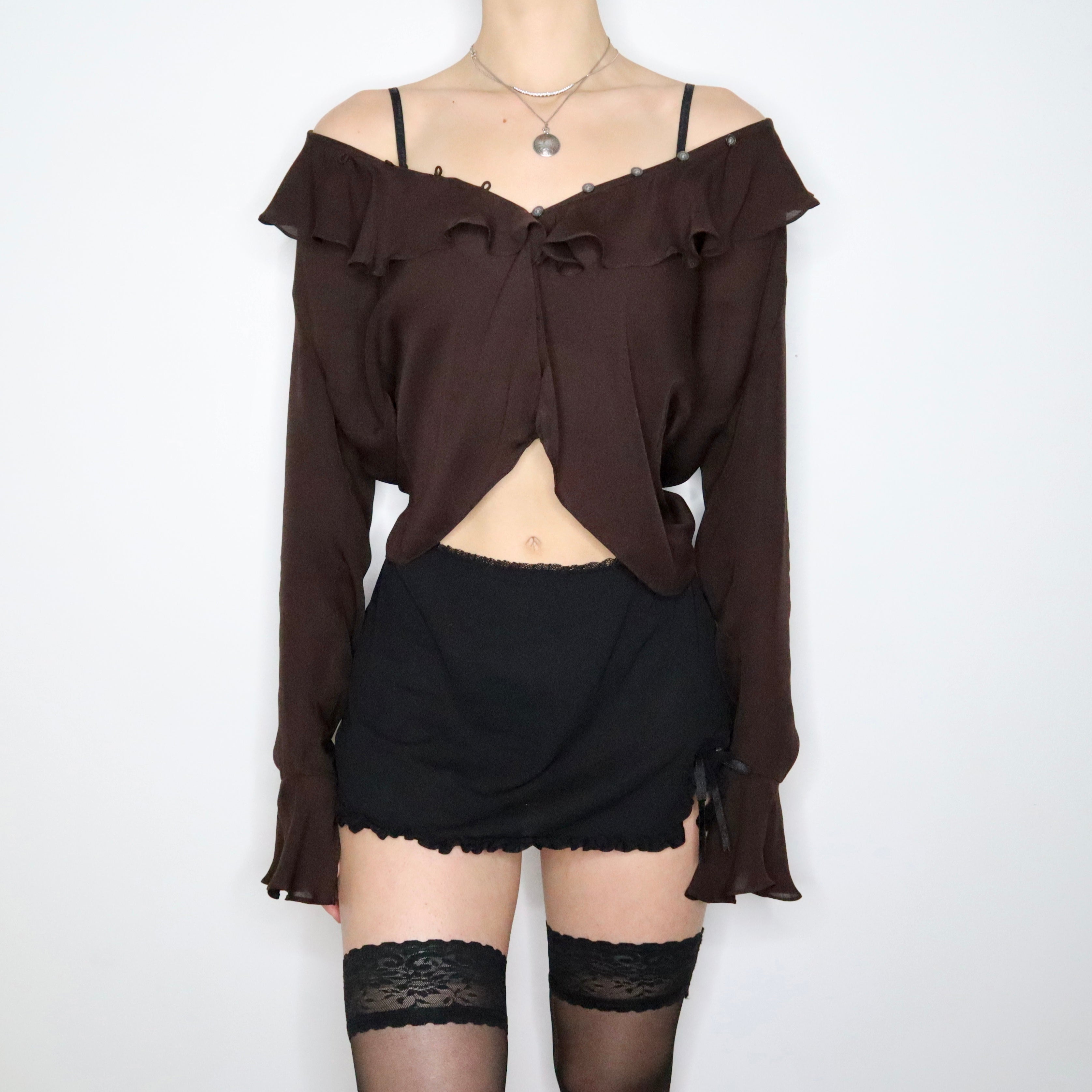 90s RALPH LAUREN Brown Silk Chiffon Ruffle Blouse (M/L)