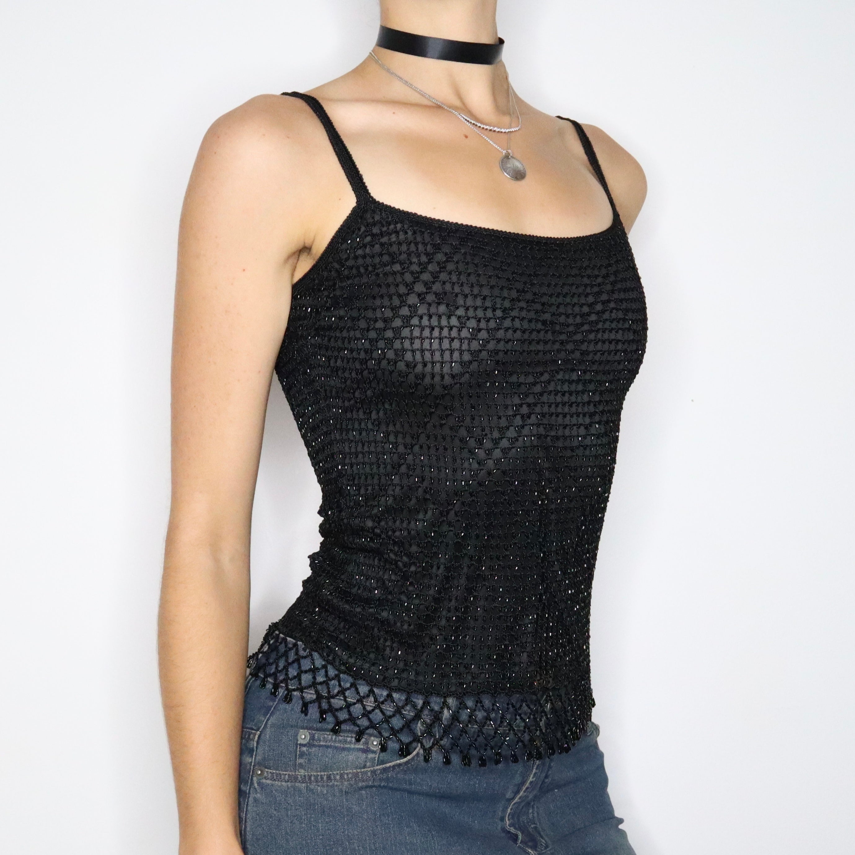 90s Black Beaded Crochet Camisole (S)