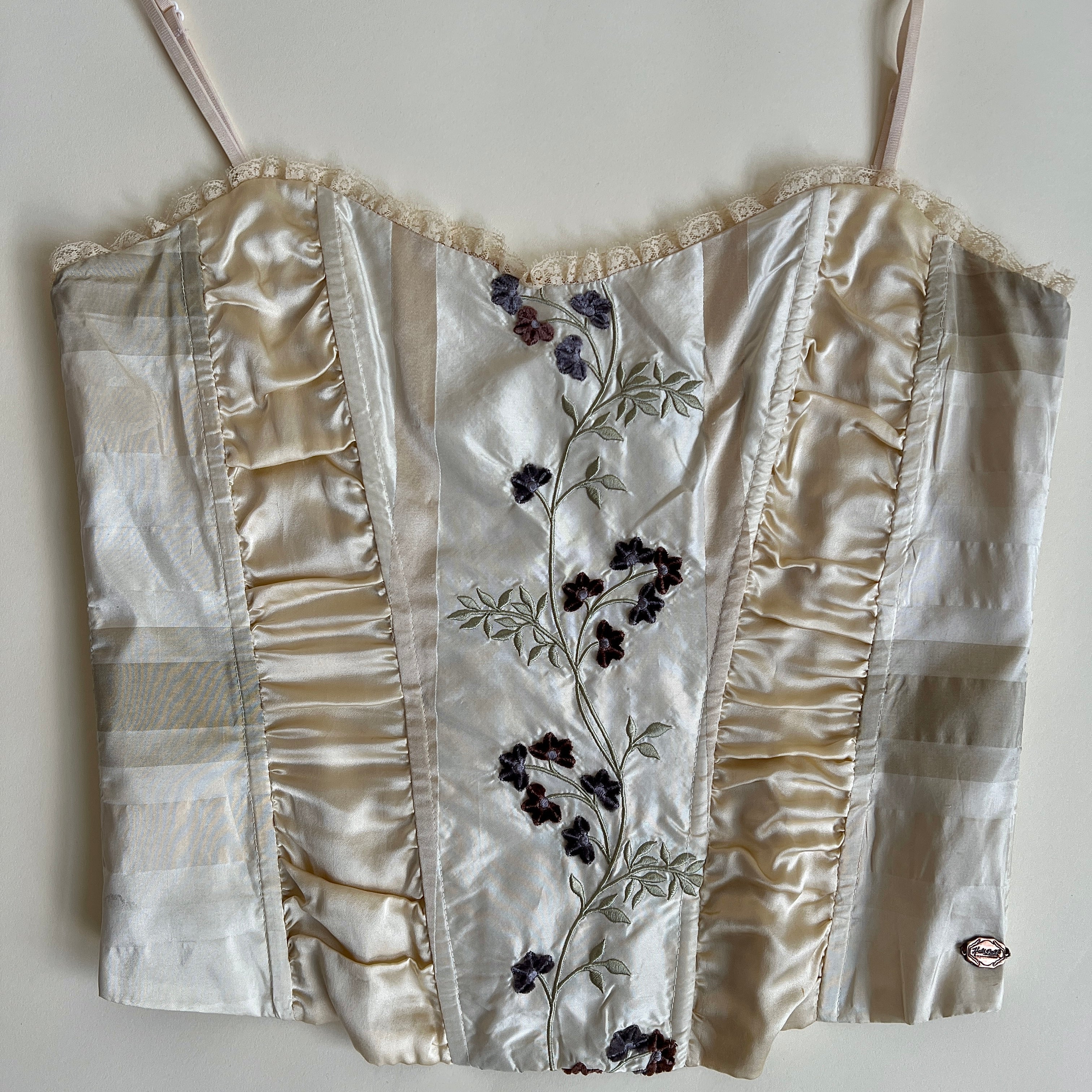 Cream silk embroidered bustier (L)