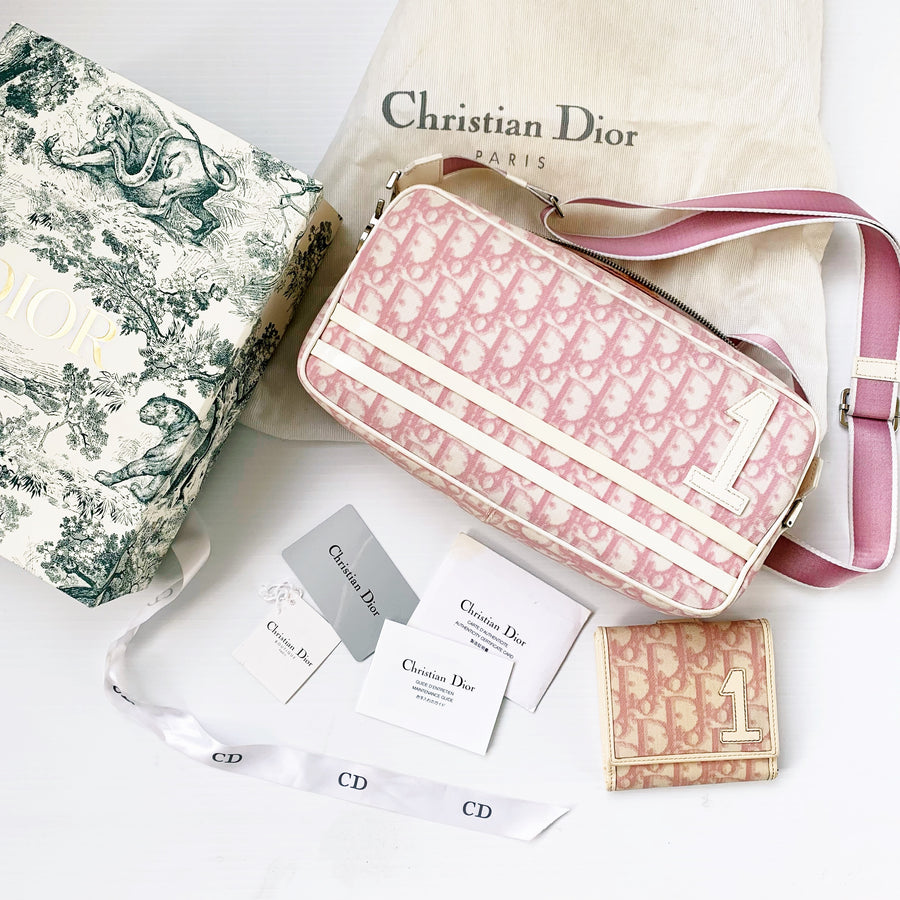 Christian Dior Trotter Monogram Print Saddle Bag Pink & White