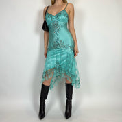 Vintage Teal Silk & Lace Midi Dress (S/M)