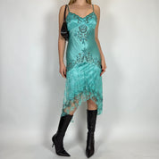 Vintage Teal Silk & Lace Midi Dress (S/M)