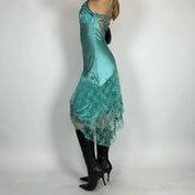 Vintage Teal Silk & Lace Midi Dress (S/M)