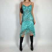 Vintage Teal Silk & Lace Midi Dress (S/M)