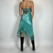 Vintage Teal Silk & Lace Midi Dress (S/M)