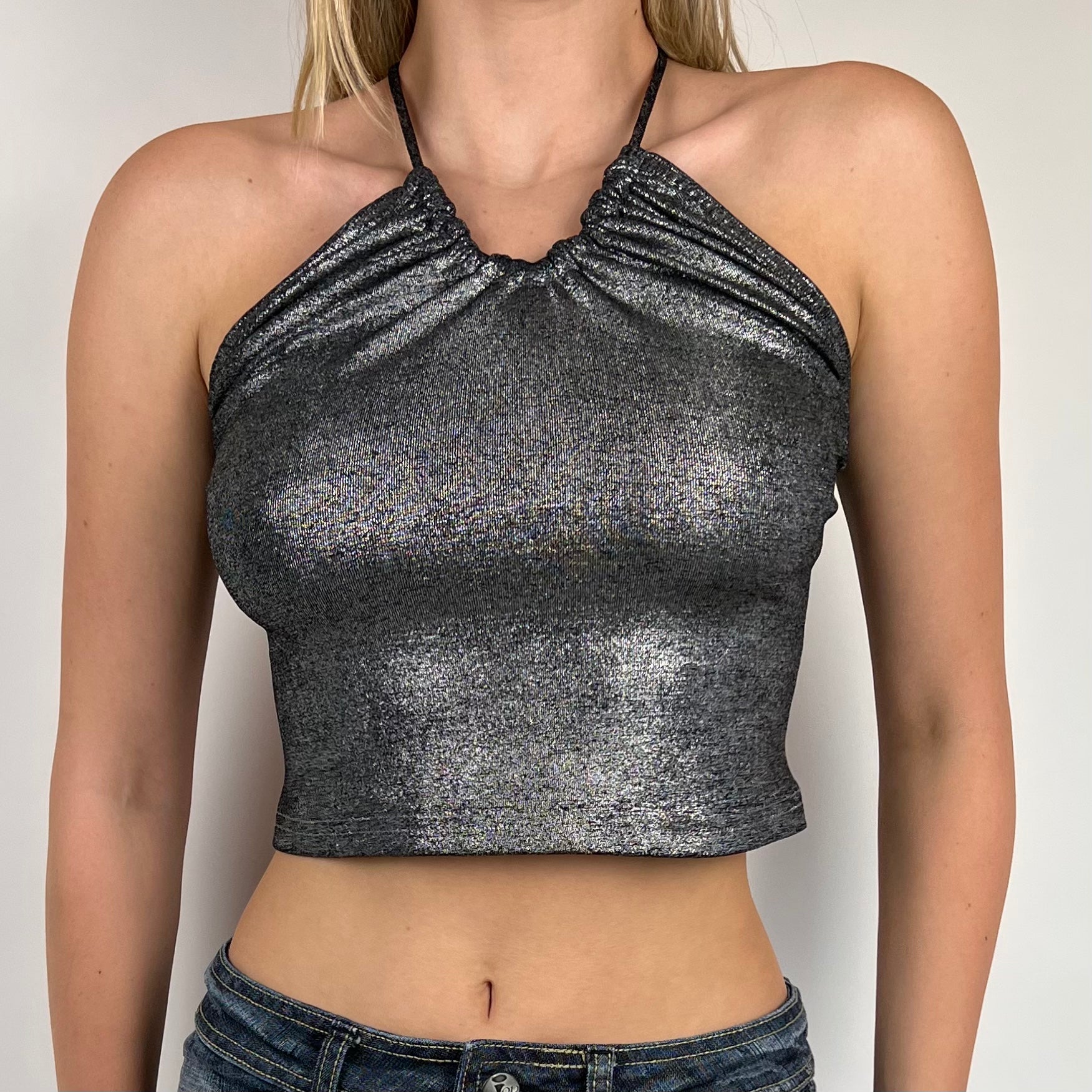 Y2K Metallic Slinky Halter Top (S/M)
