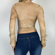 90s Tan Tie Dye Mesh Butterfly Charm Flutter Blouse (S)