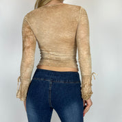 90s Tan Tie Dye Mesh Butterfly Charm Flutter Blouse (S)