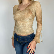 90s Tan Tie Dye Mesh Butterfly Charm Flutter Blouse (S)