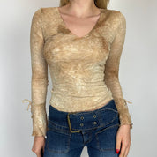 90s Tan Tie Dye Mesh Butterfly Charm Flutter Blouse (S)