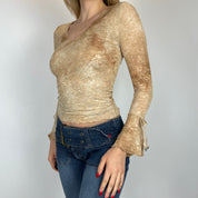 90s Tan Tie Dye Mesh Butterfly Charm Flutter Blouse (S)
