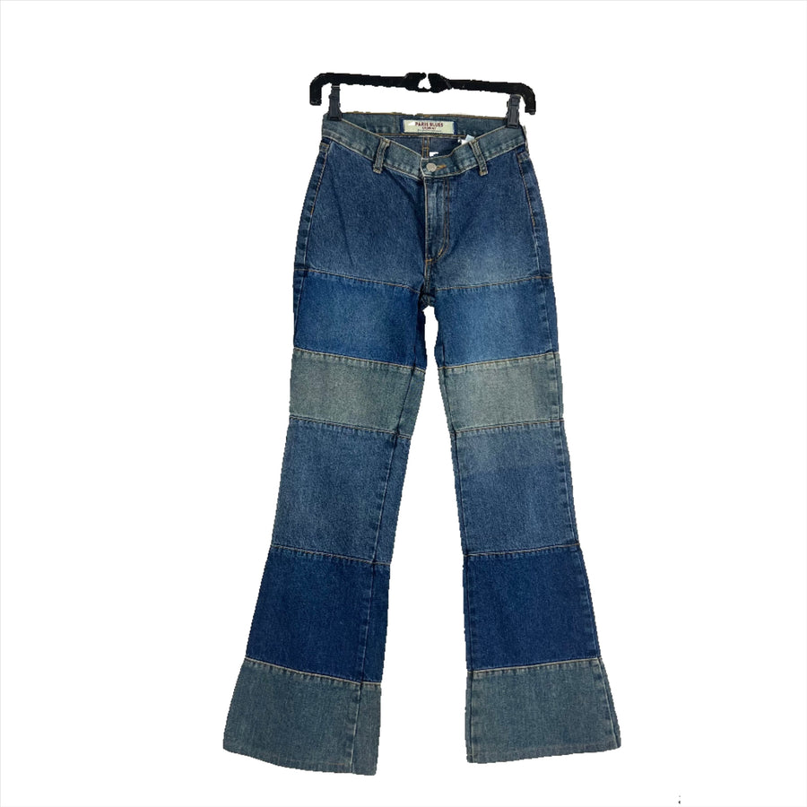 90s Patchwork Style Flare Jeans (XS)