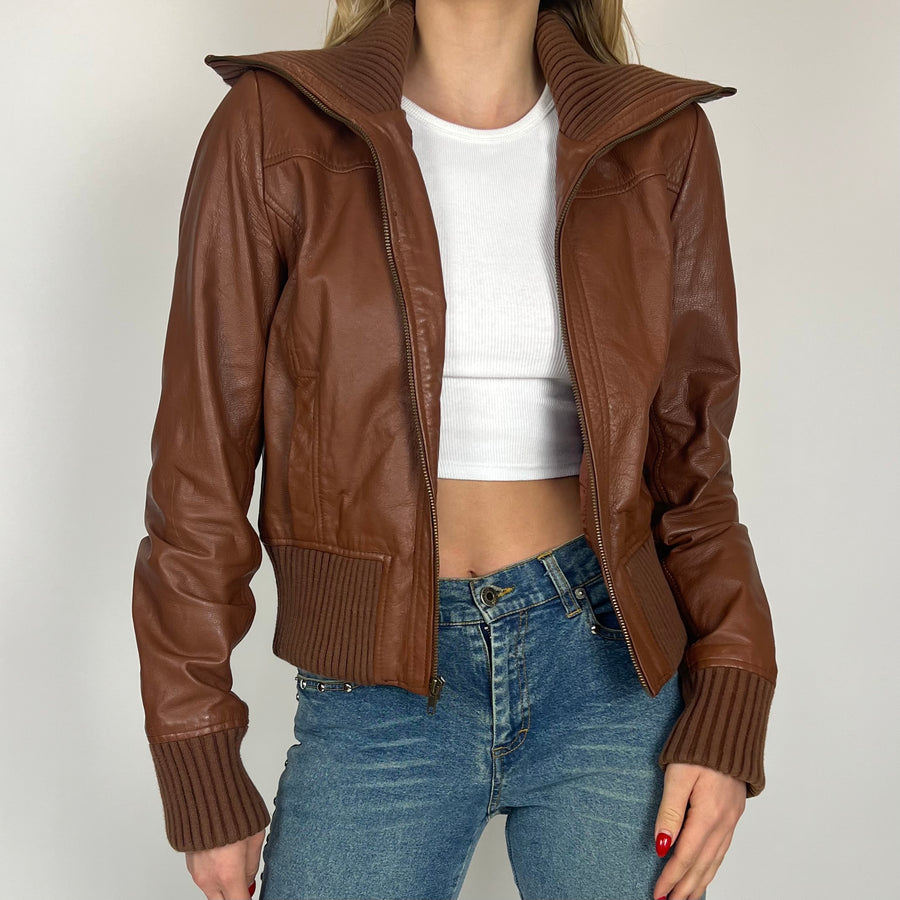 2000s Brown Leather Bomber Jacket (S/M)