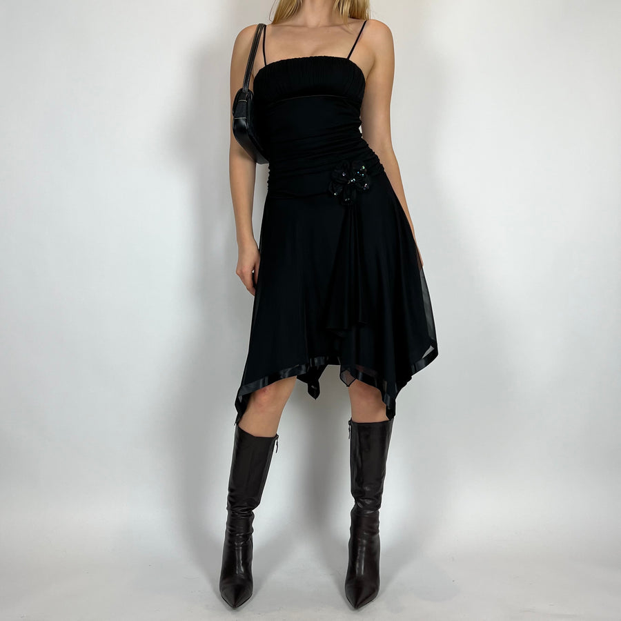 2000s Black Florette Flutter Milkmaid Midi Dress (S)
