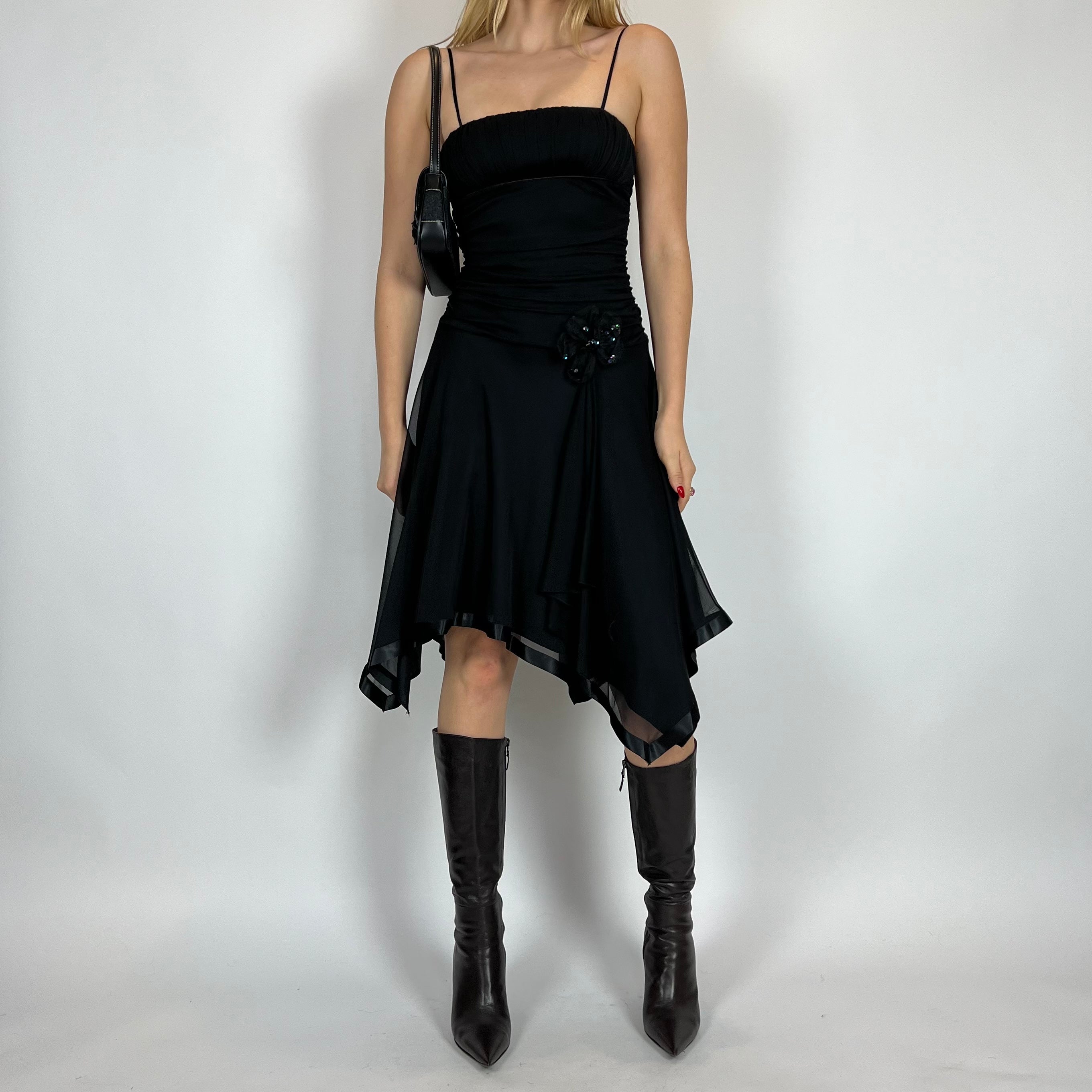 2000s Black Florette Flutter Milkmaid Midi Dress (S)
