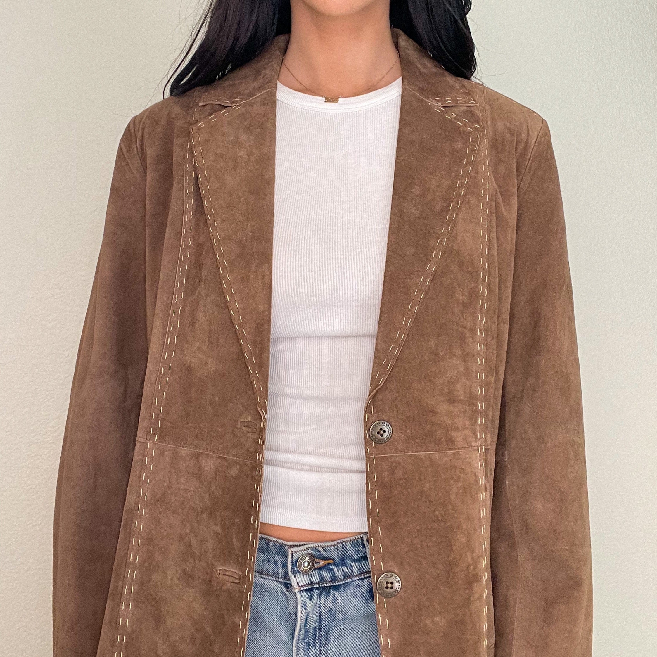 Brown Suede Long Stitch Trench Coat