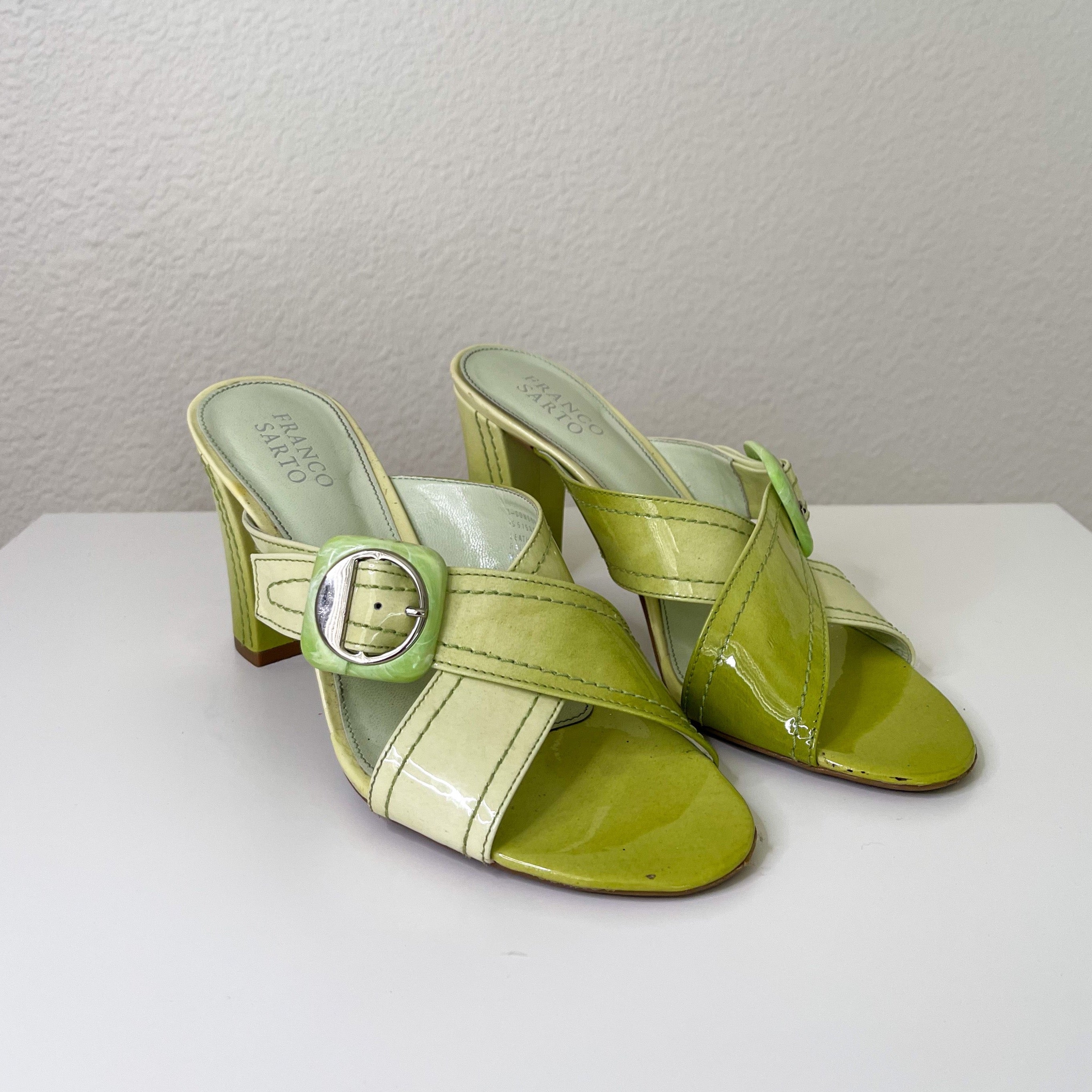 Green Buckle Patent Leather Heels