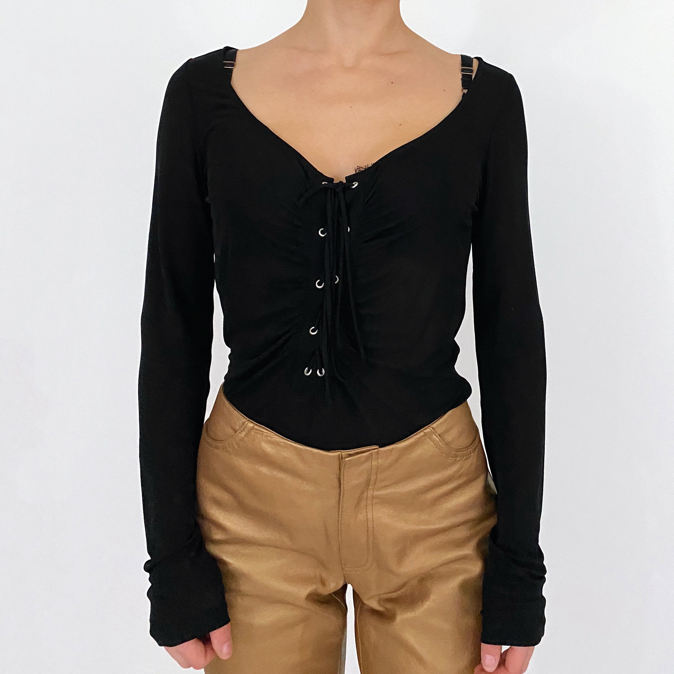 bcbgmaxazria silk mesh lace up top - size m