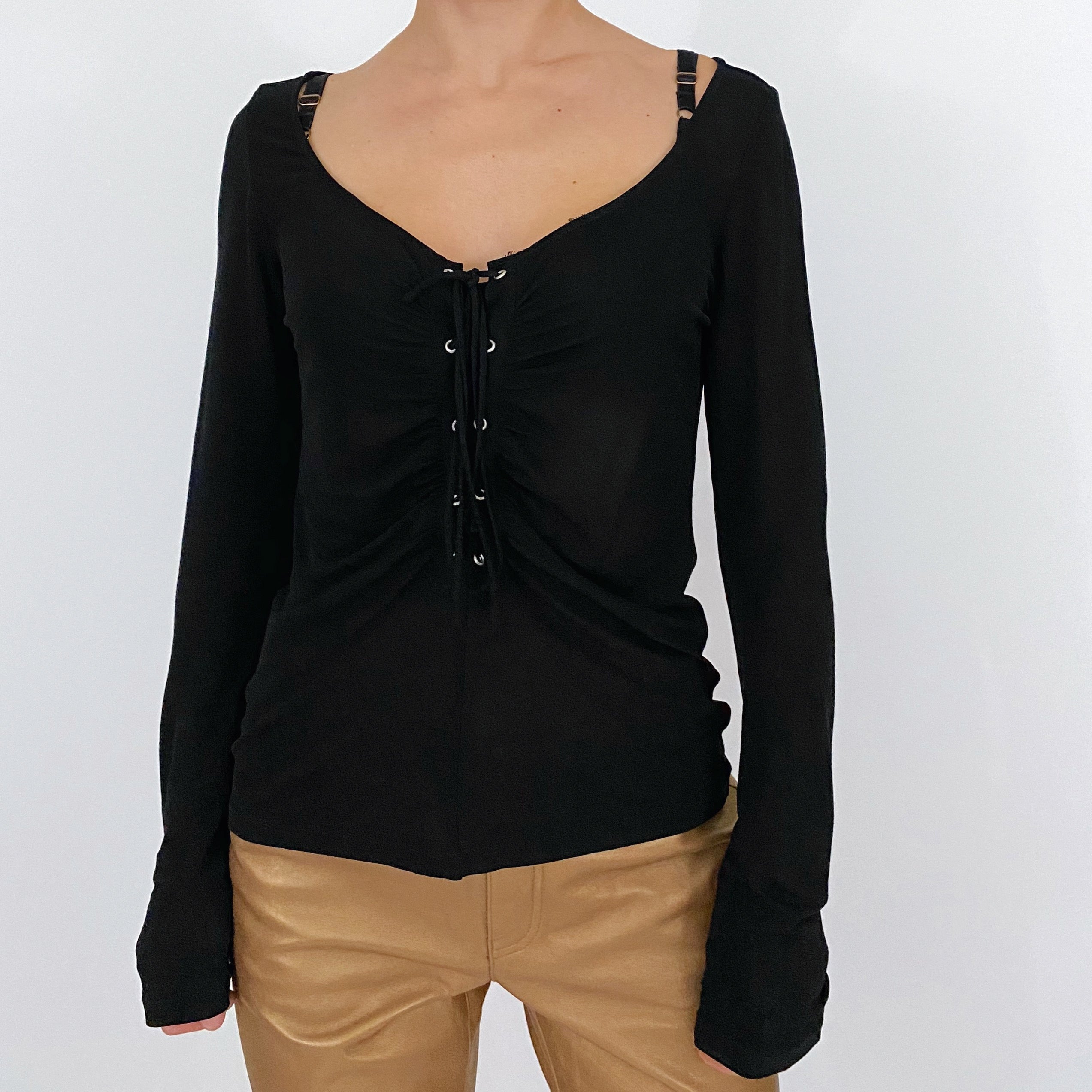 bcbgmaxazria silk mesh lace up top - size m