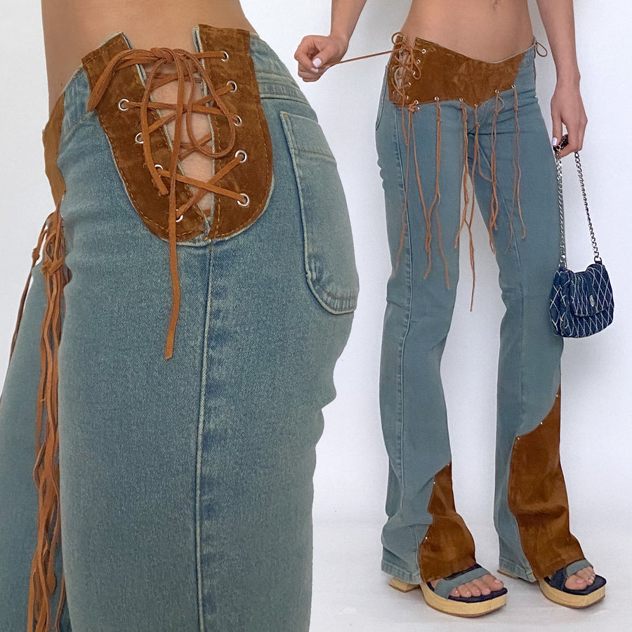 y2k western fringe and suede lace up jeans - extra small