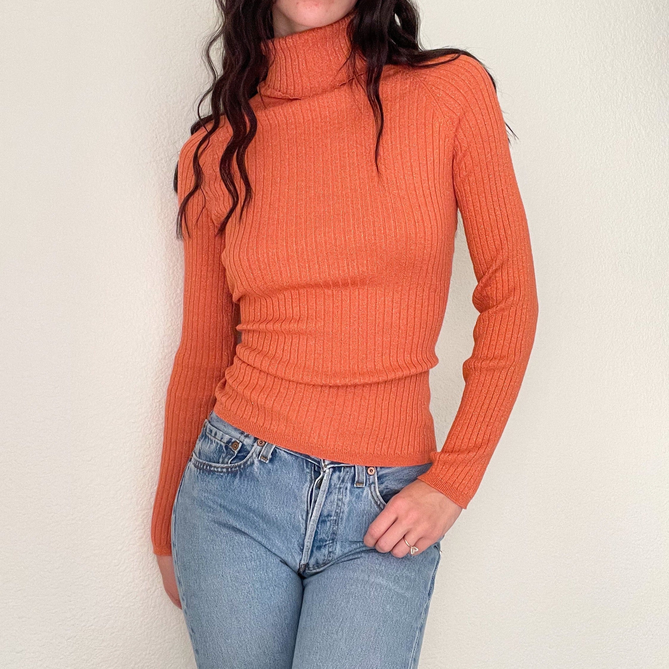 Y2K Orange Glitter Knit Turtleneck Sweater (L)