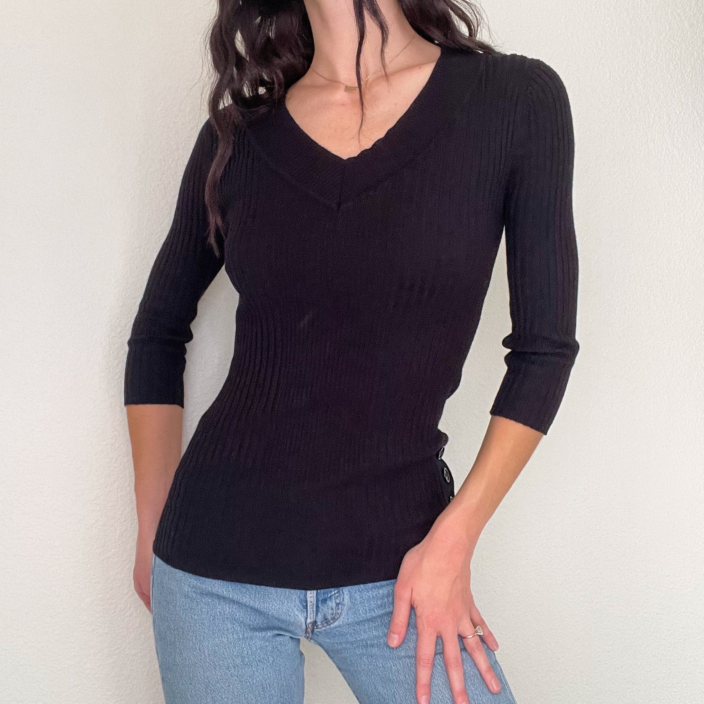 Black Button Knit Sweater Top