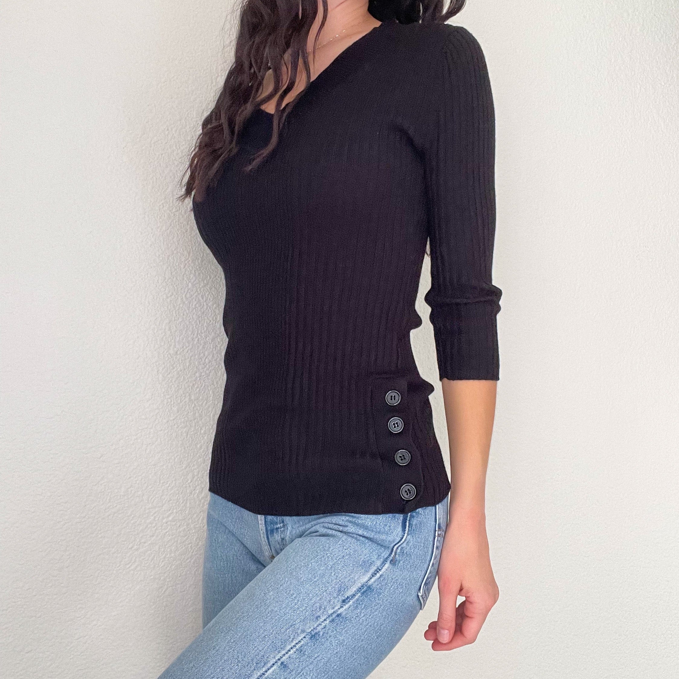 Black Button Knit Sweater Top