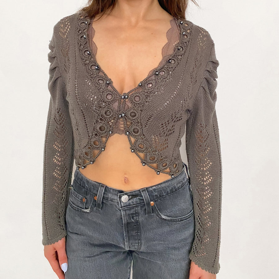 Vintage Crochet and Pearl Cropped Cardigan and Bralette Set