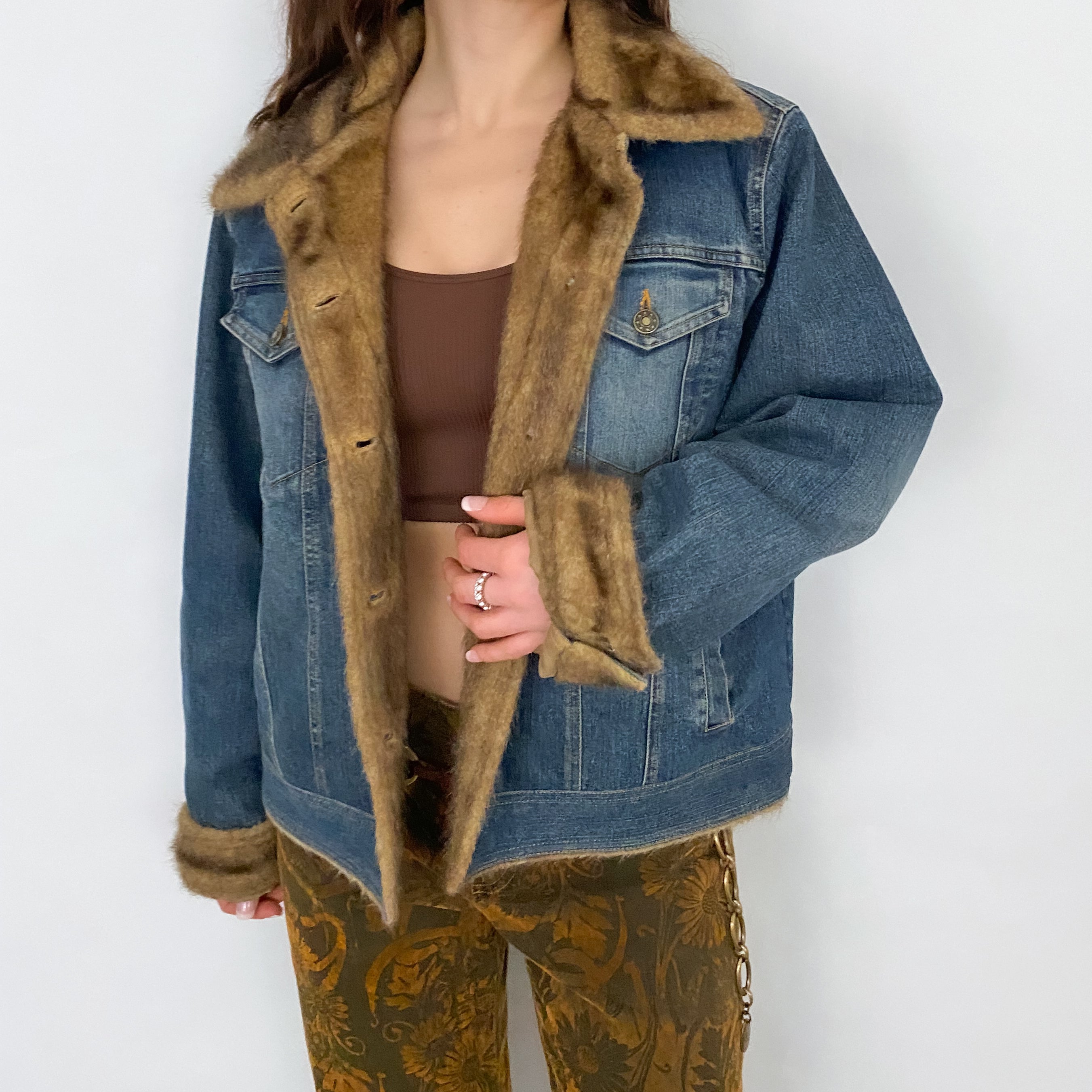 90's Faux Fur Denim Jacket - Large
