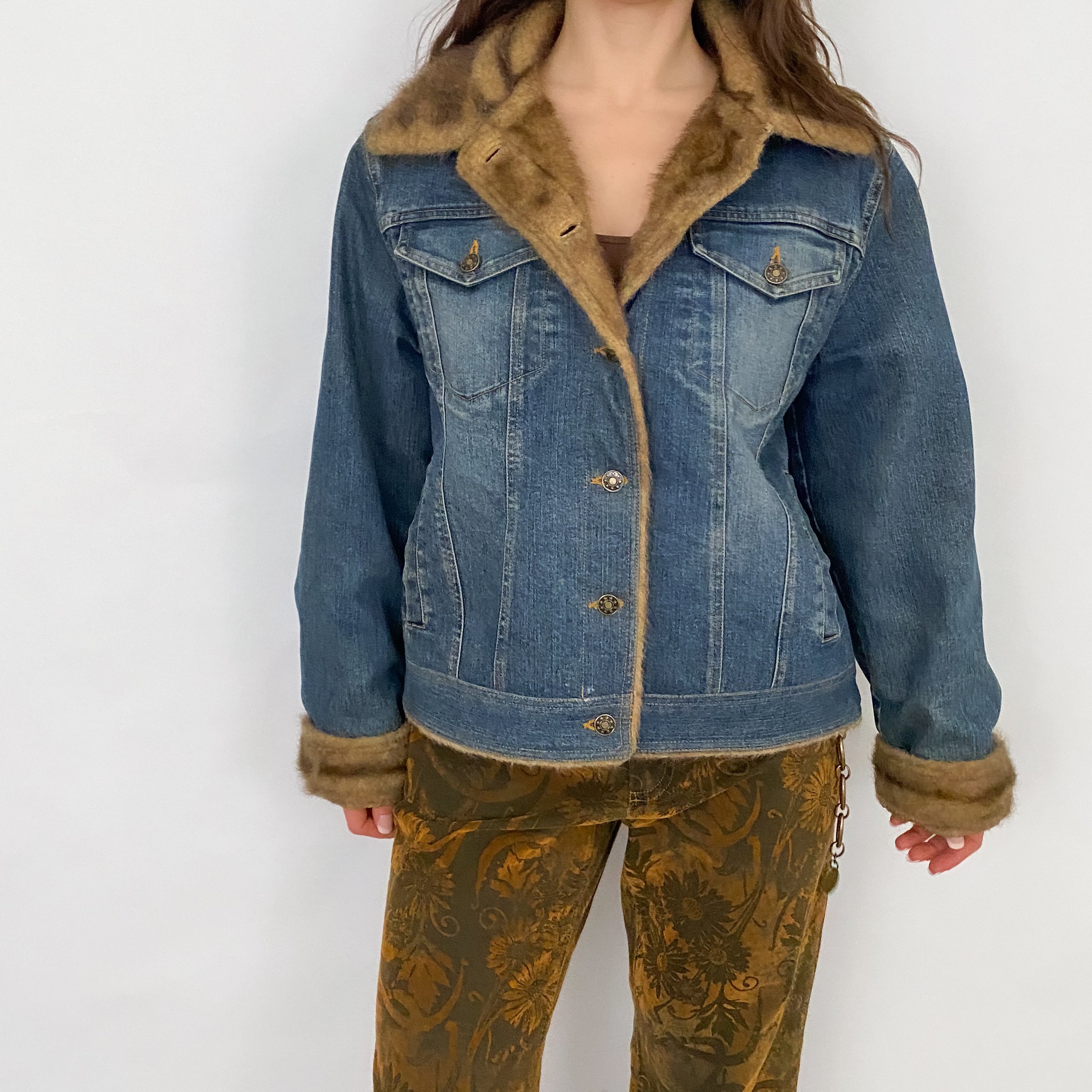90's Faux Fur Denim Jacket - Large