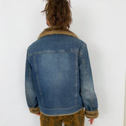 90's Faux Fur Denim Jacket - Large