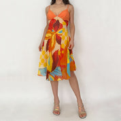 Vintage Orange Chiffon Abstract Midi Dress