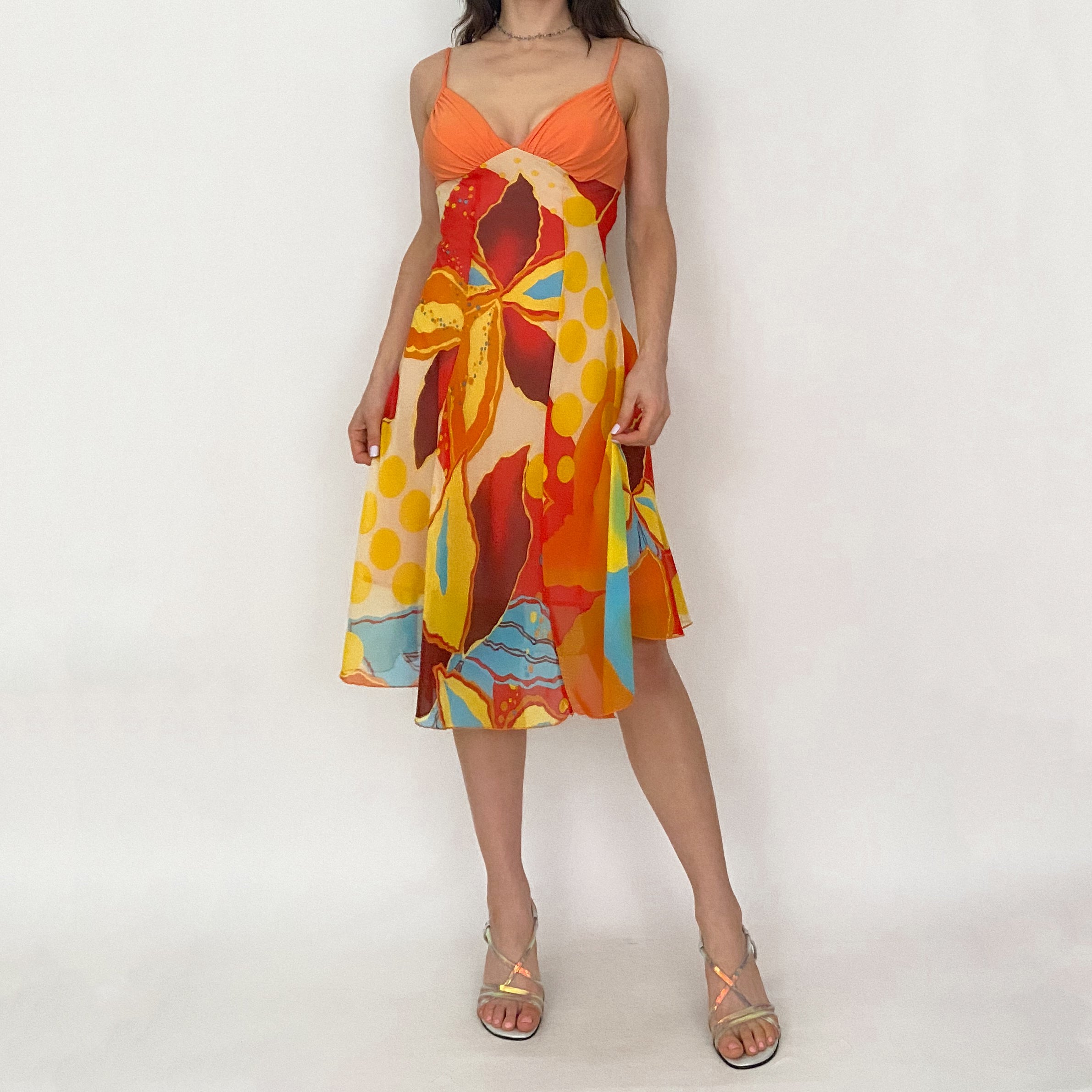 Vintage Orange Chiffon Abstract Midi Dress