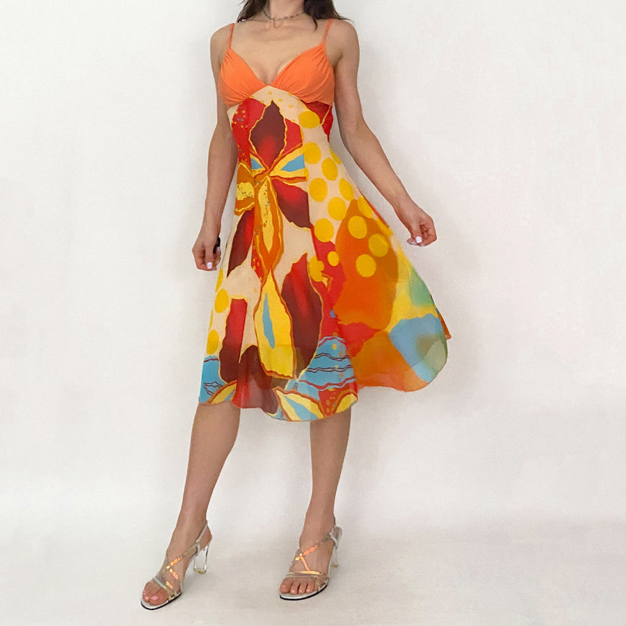 Vintage Orange Chiffon Abstract Midi Dress