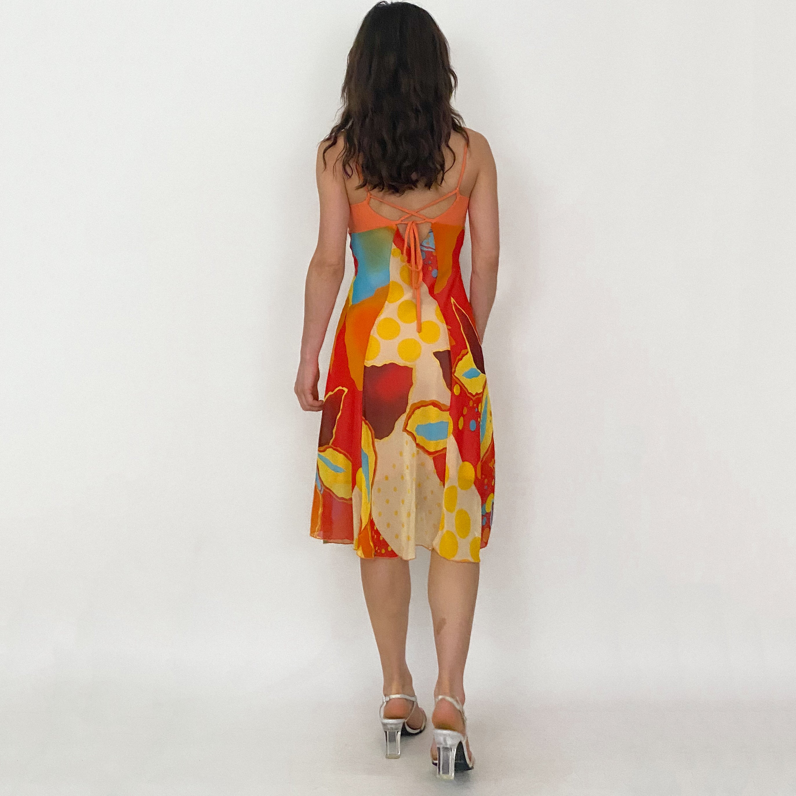 Vintage Orange Chiffon Abstract Midi Dress