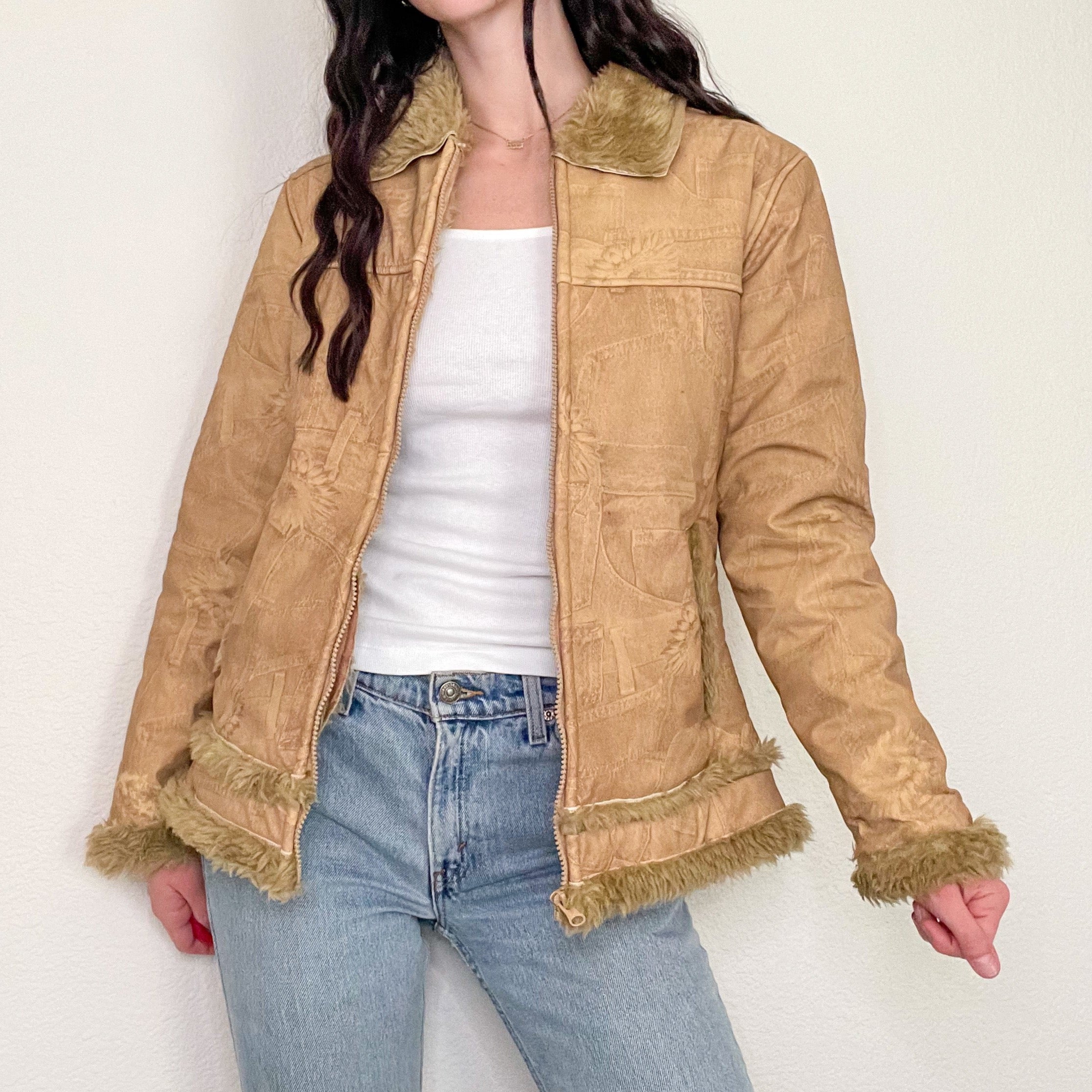 Y2K Tan Faux Fur Coat (M)