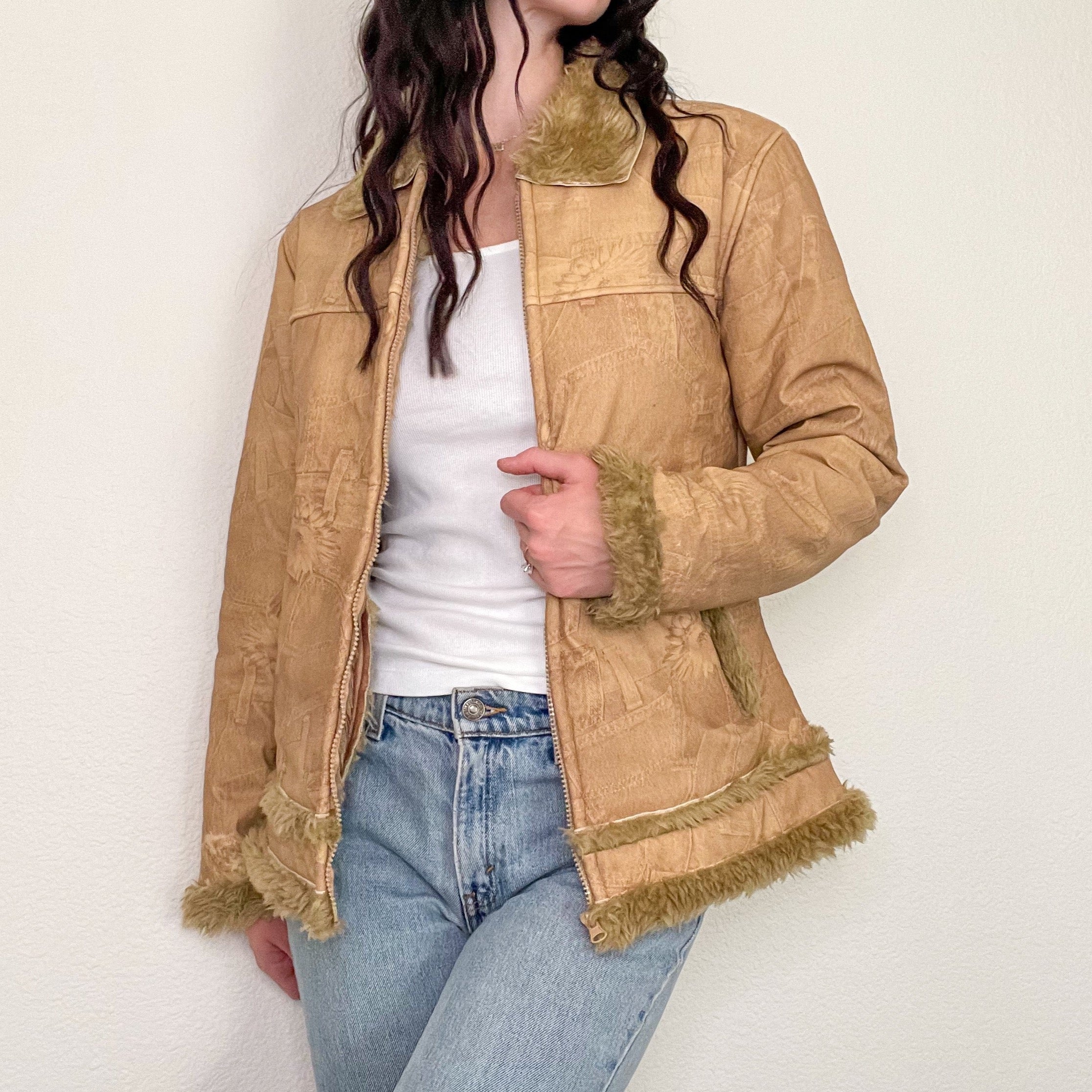 Y2K Tan Faux Fur Coat (M)