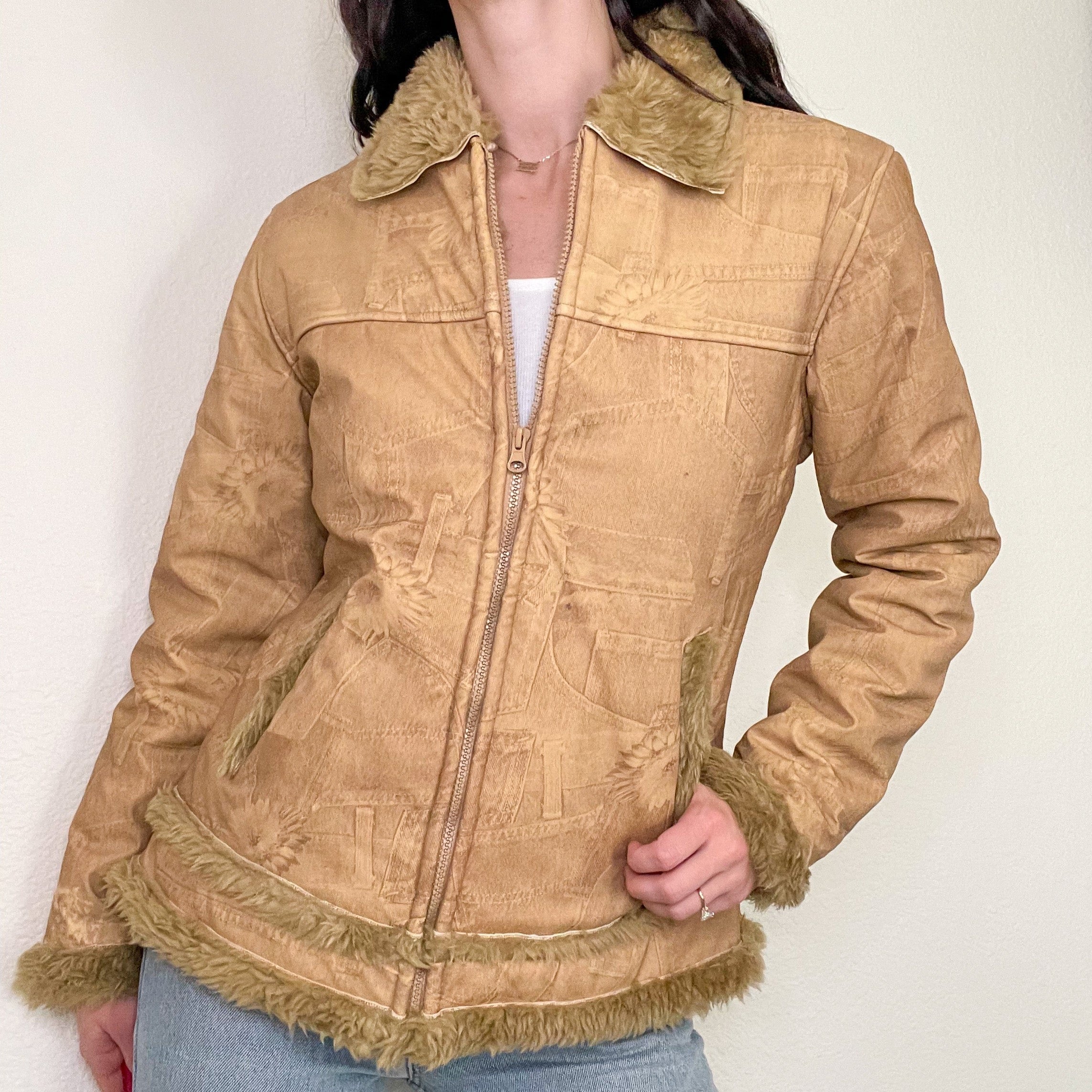 Y2K Tan Faux Fur Coat (M)