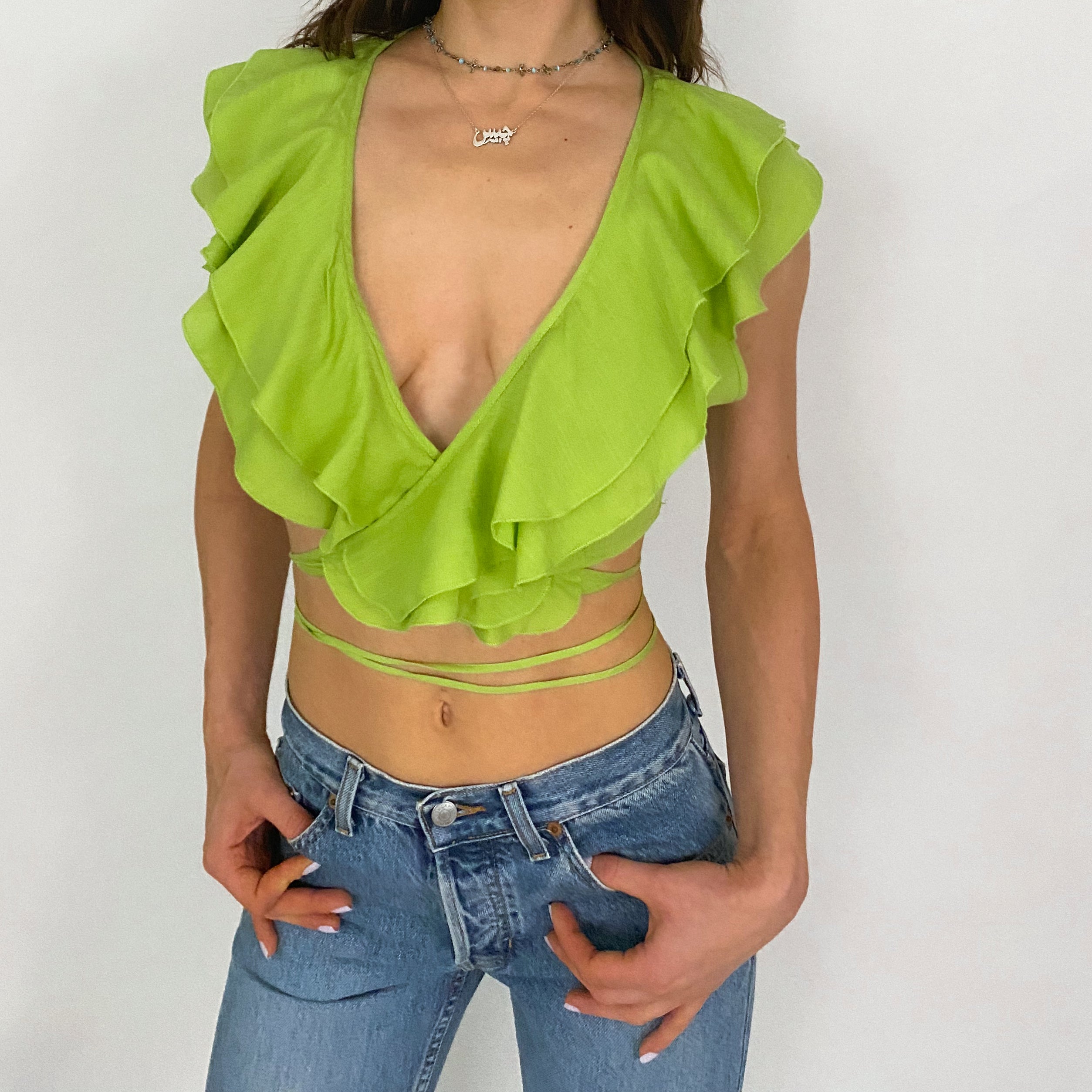 lime flutter wrap top - small