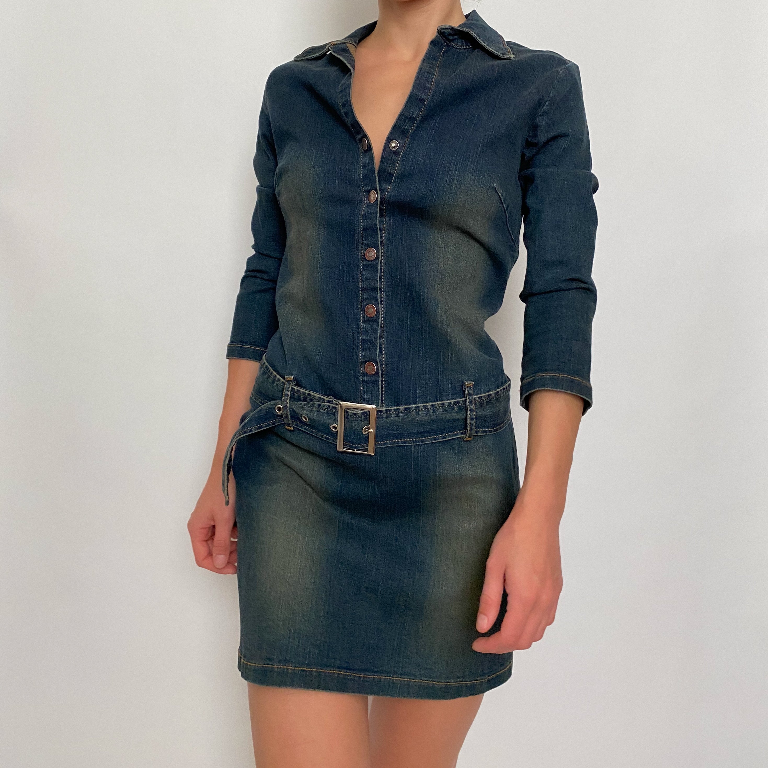 belted denim mini dress - size m