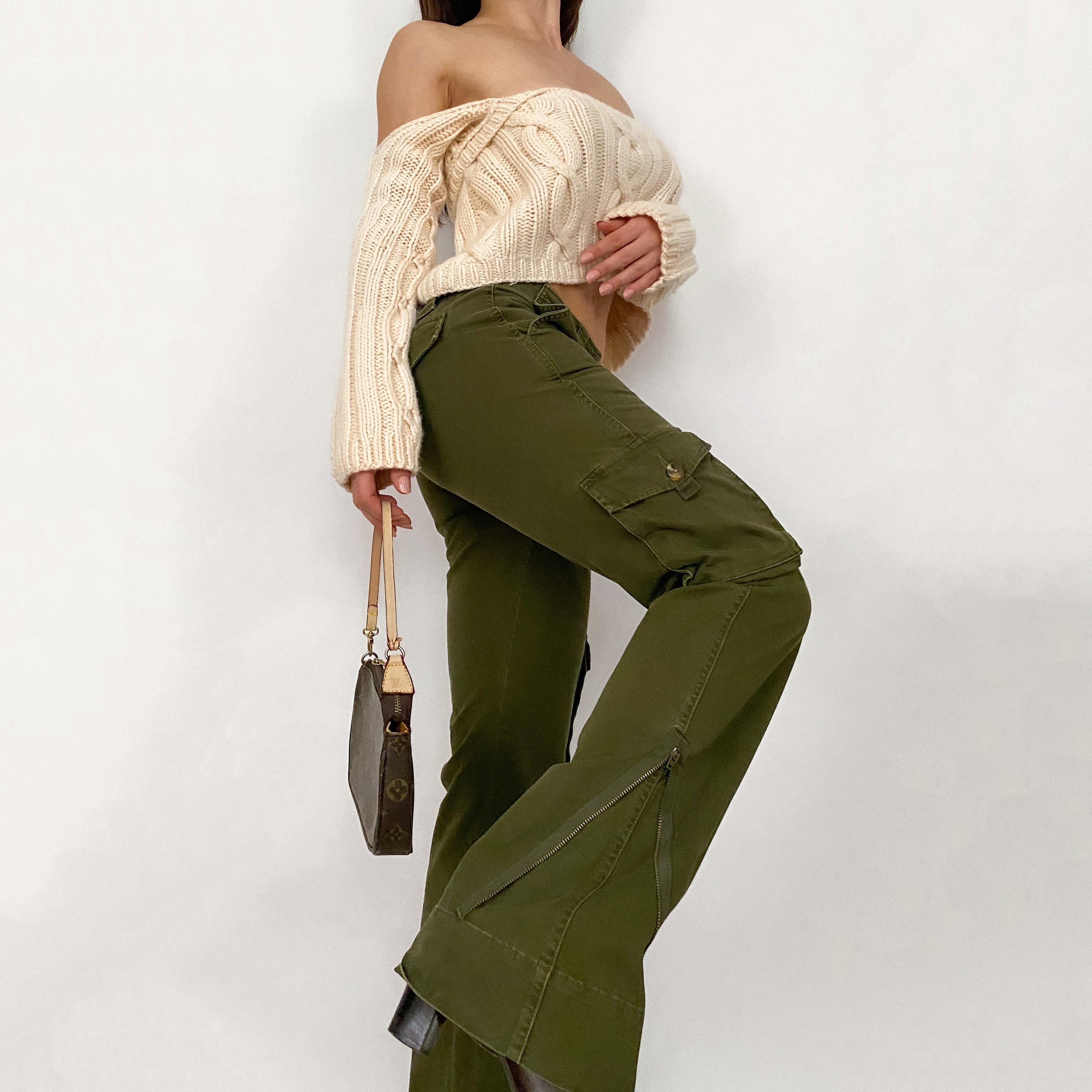 Y2K Olive Zipper Flare Cargos
