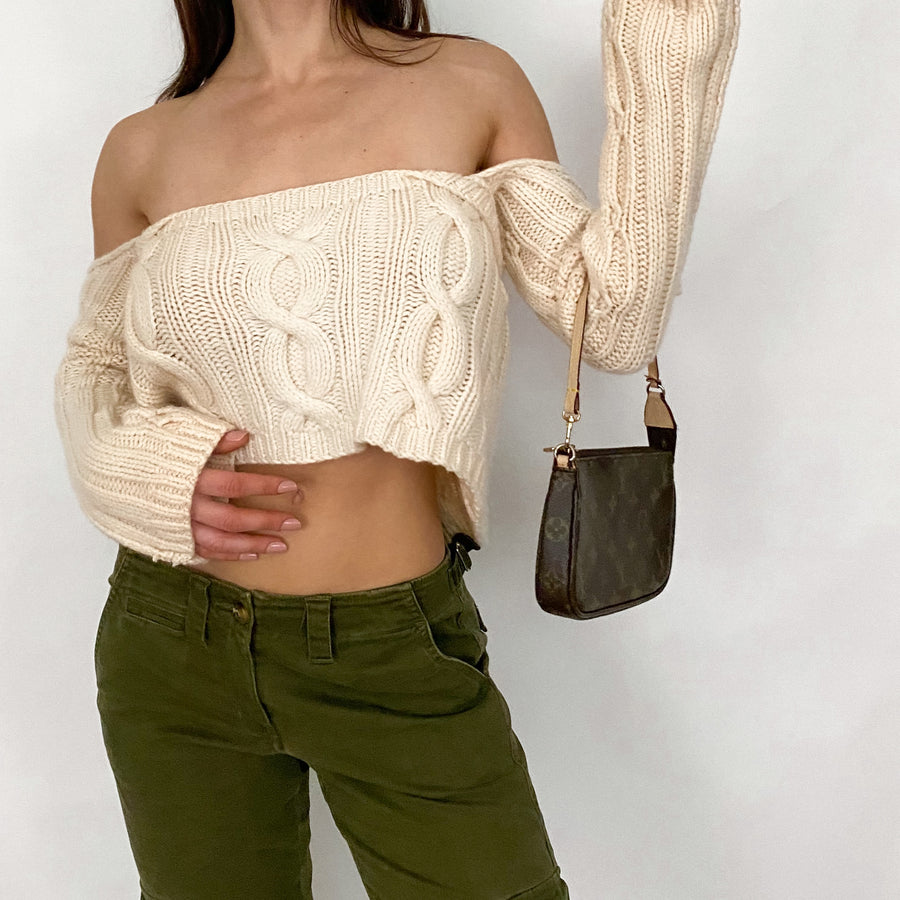 Y2K Off the Shoulder Cashmere Cropped Sweater
