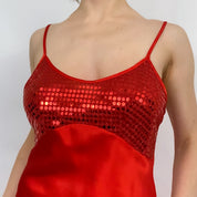 Red Silky Sequin Slip Dress - Medium