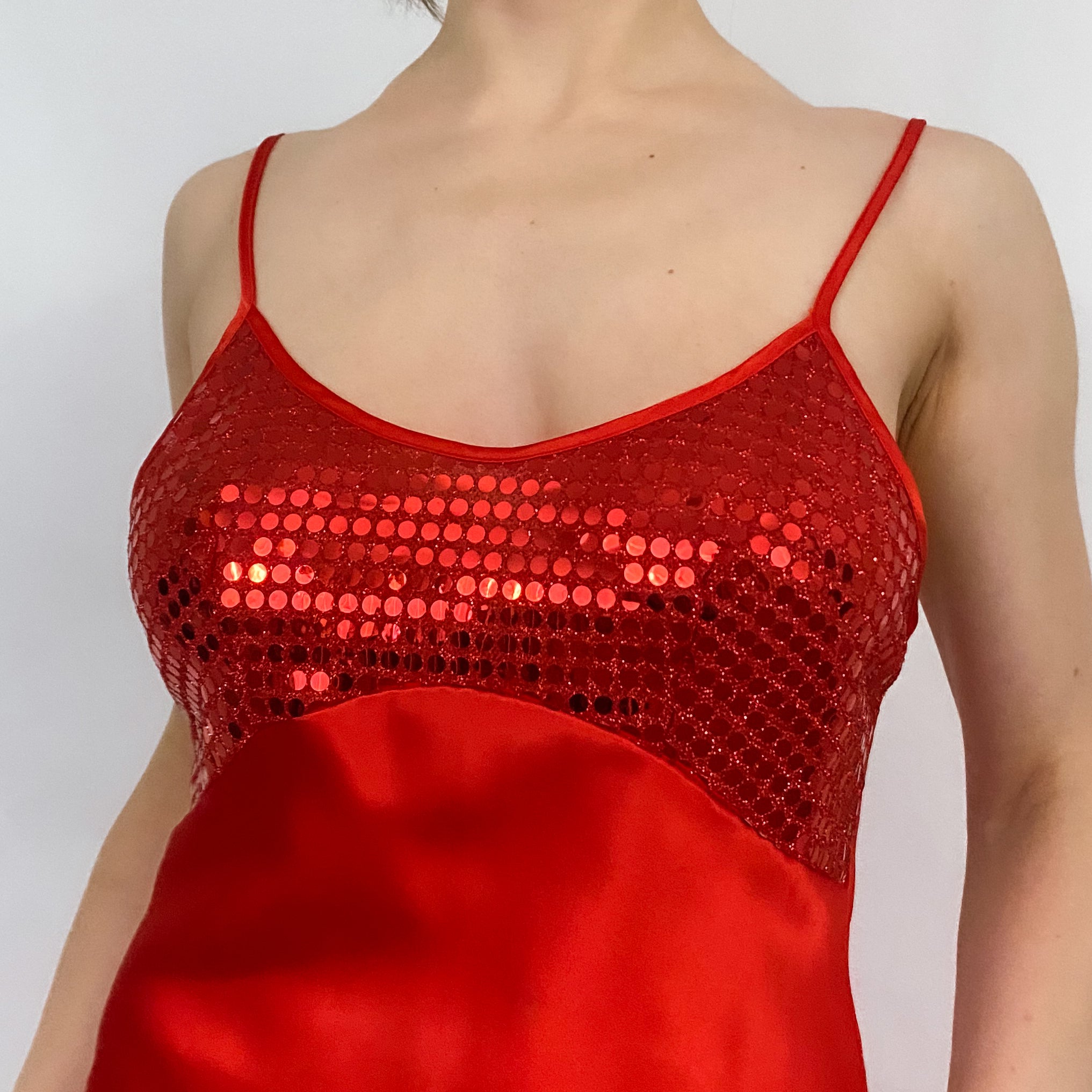 Red Silky Sequin Slip Dress - Medium
