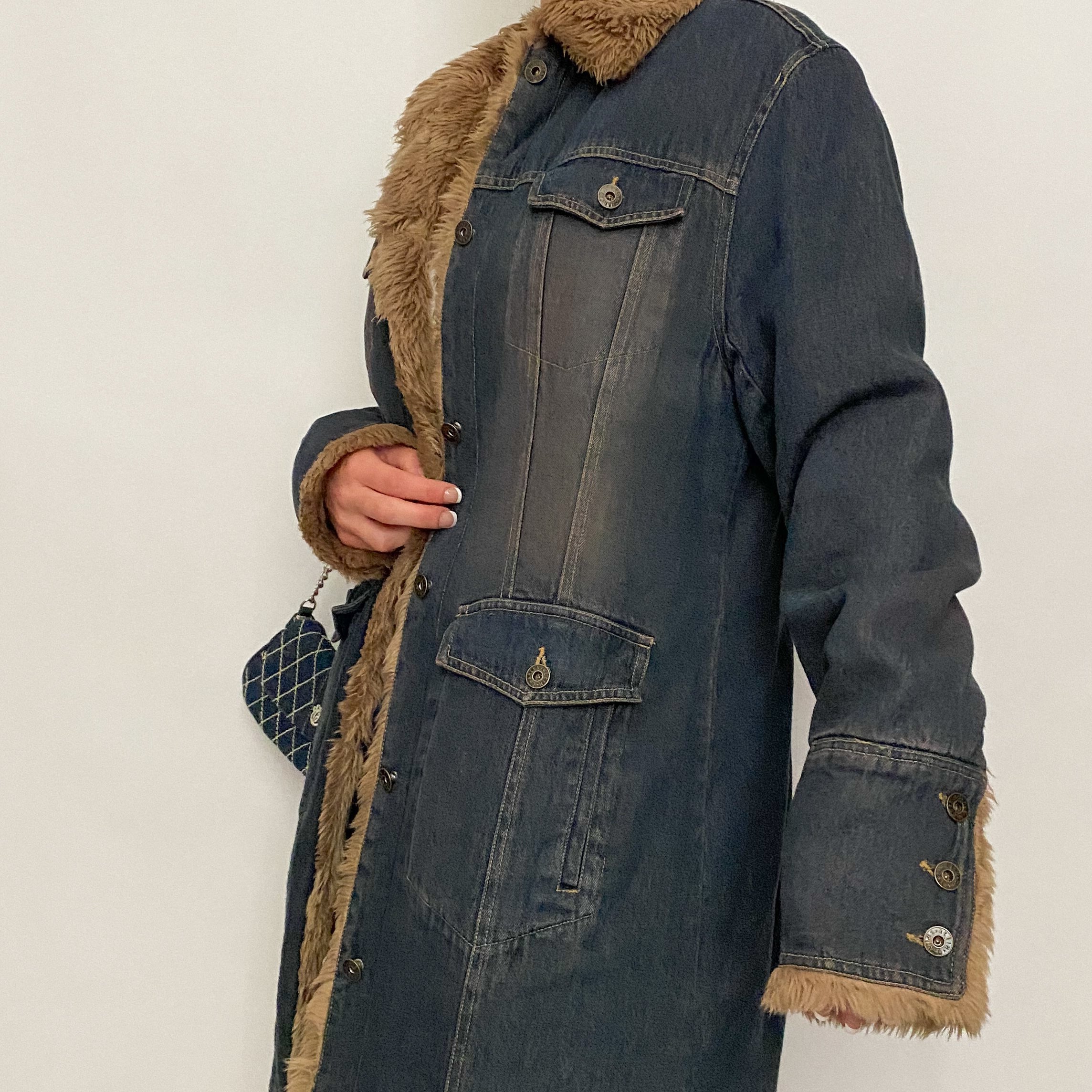 90's fur + denim long coat - large
