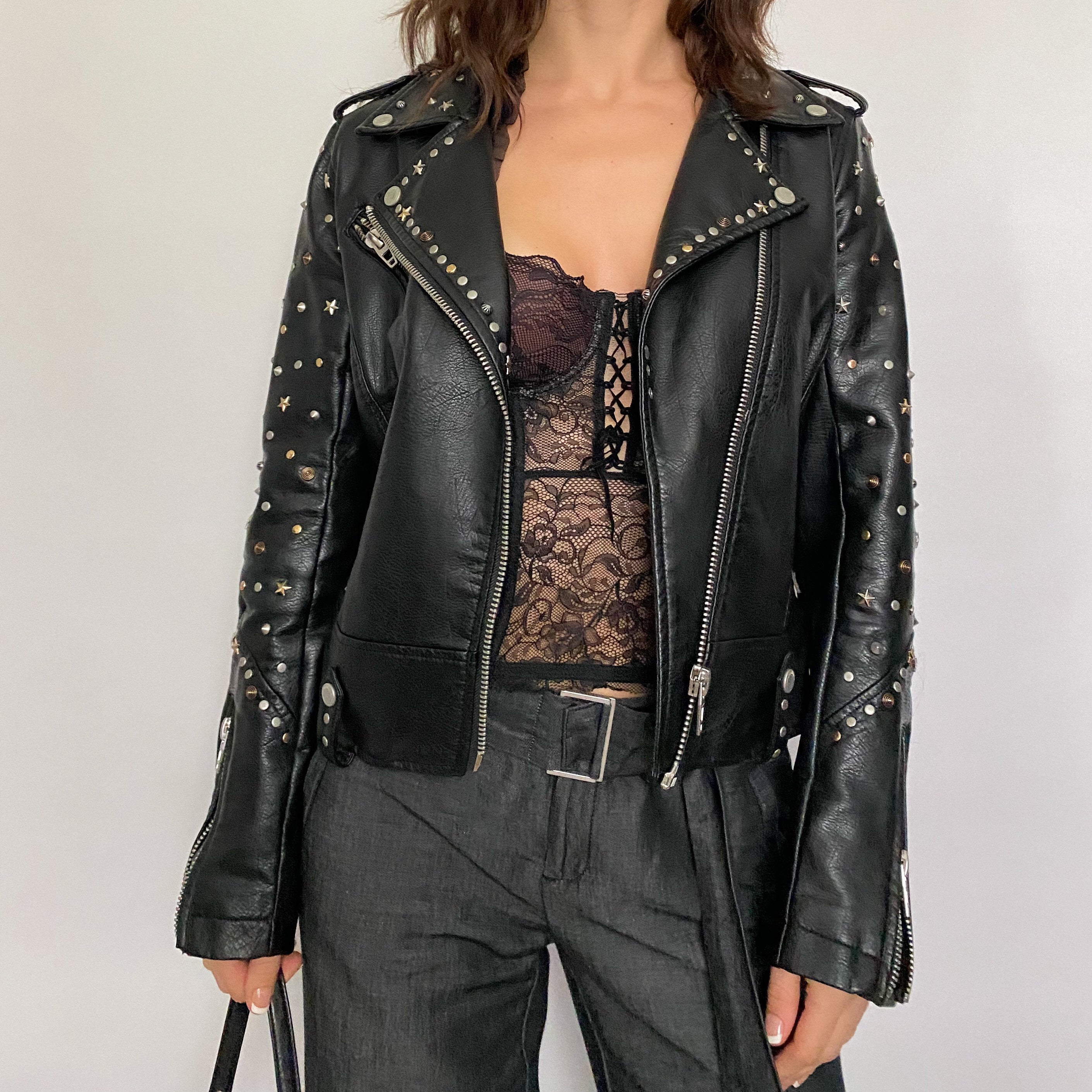 Blank NYC Star Studded Leather Moto Jacket in Black