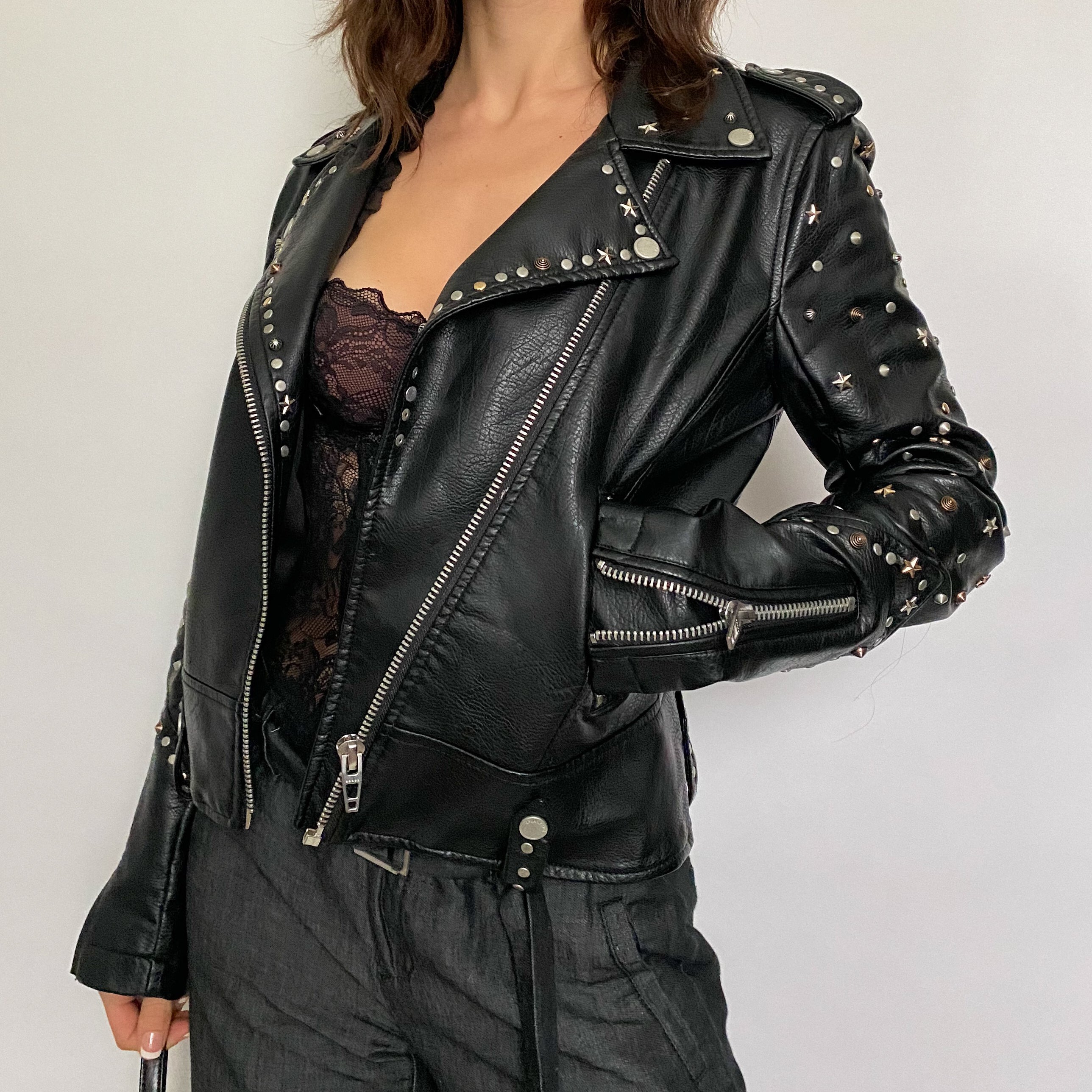 Blank NYC Star Studded Leather Moto Jacket in Black