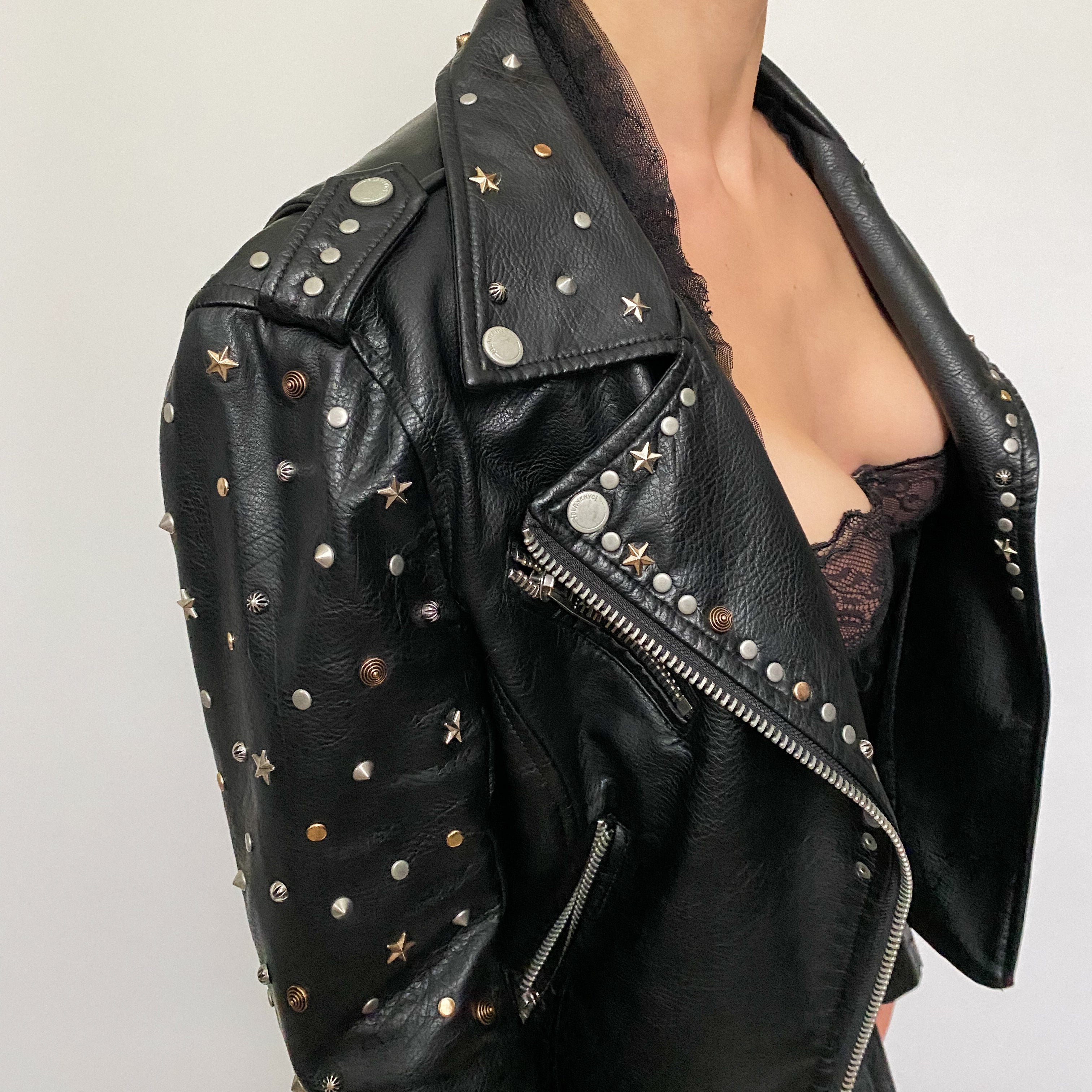 Blank NYC Star Studded Leather Moto Jacket in Black